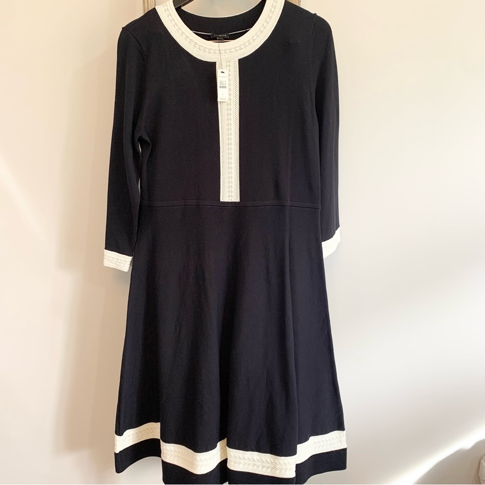Talbots Heavy Knit Black And Cream Fit and Flare Dress NWT Size Large